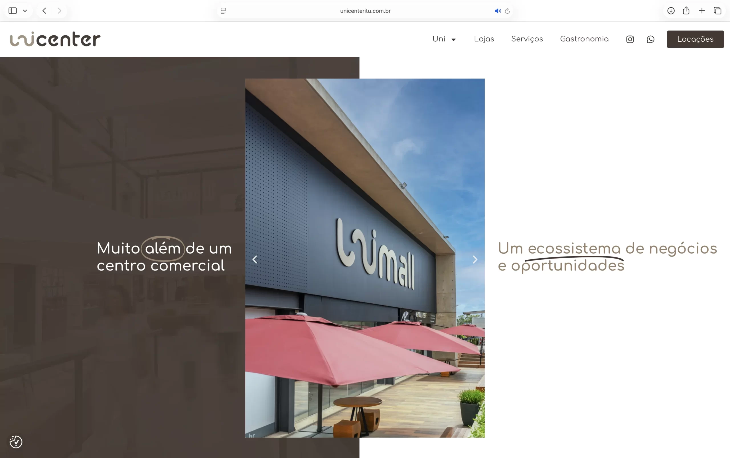 Site institucional criado pela Chez Publicidade para o Unicenter, centro comercial em Itu/SP