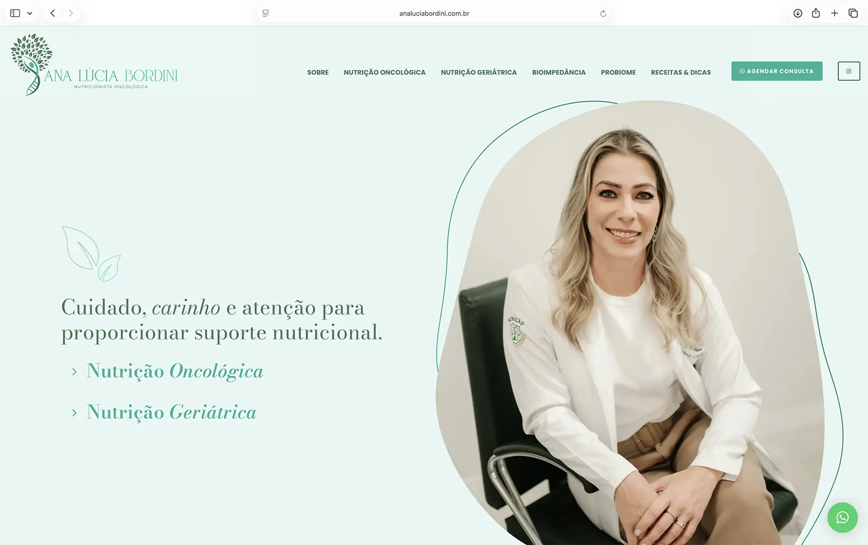 Site institucional criado pela Chez Publicidade para a nutricionista oncológica Ana Lúcia Bordini de Itu/SP