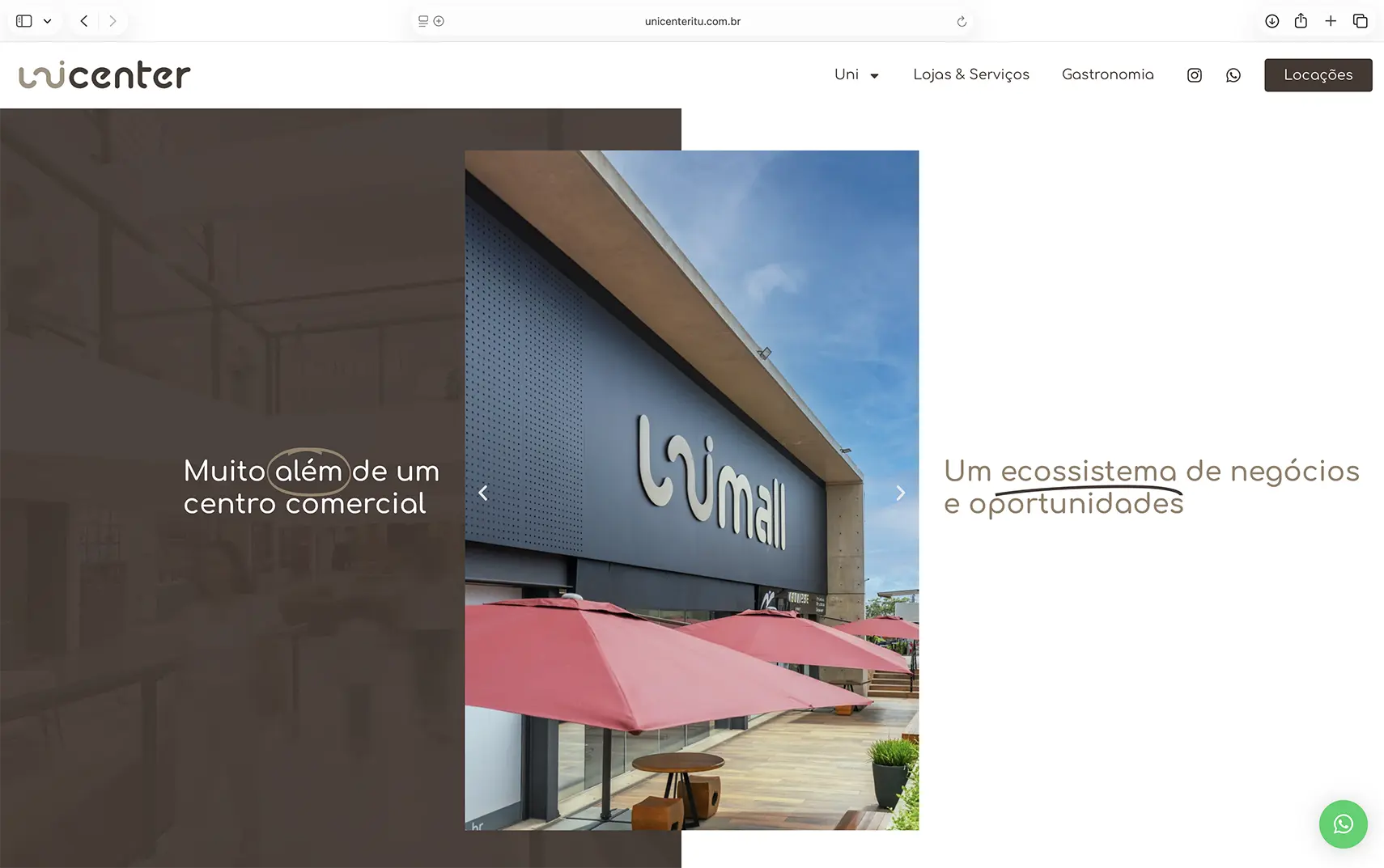 Site institucional criado pela Chez Publicidade para o Unicenter de Itu/SP